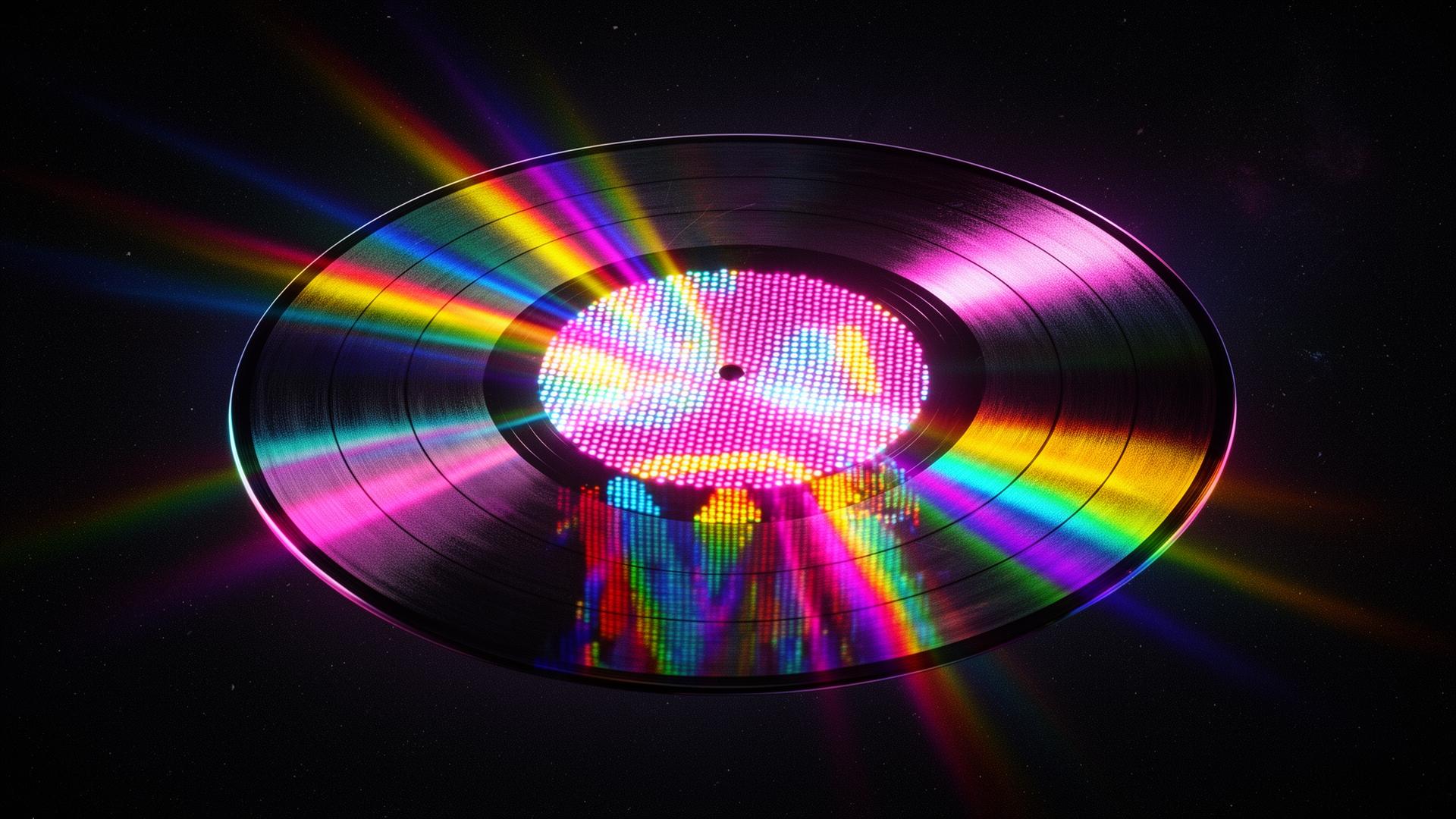 Vinyl record glowing with rainbow RGB light